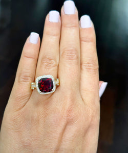 14k Yellow Gold Natural Garnet And Natural Round Cut Diamonds Antique Deco Design Ring, engagement halo 7.50ctw