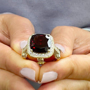 14k Yellow Gold Natural Garnet And Natural Round Cut Diamonds Antique Deco Design Ring, engagement halo 7.50ctw