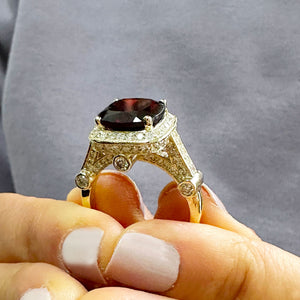 14k Yellow Gold Natural Garnet And Natural Round Cut Diamonds Antique Deco Design Ring, engagement halo 7.50ctw