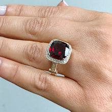 Load image into Gallery viewer, 14k Yellow Gold Natural Garnet And Natural Round Cut Diamonds Antique Deco Design Ring, engagement halo 7.50ctw
