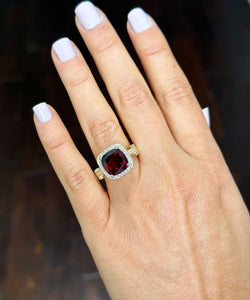 14k Yellow Gold Natural Garnet And Natural Round Cut Diamonds Antique Deco Design Ring, engagement halo 7.50ctw