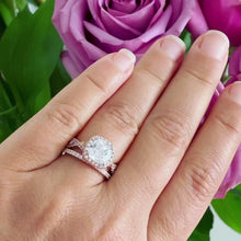 Load and play video in Gallery viewer, 14k Rose Gold Cushion Cut Forever One Moissanite and Diamond Engagement Ring And Band Halo Bridal Set Natural Diamonds 3.00ct
