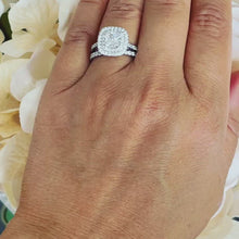 Load and play video in Gallery viewer, 14K White Gold Cushion Cut Forever One Moissanite and Diamond Engagement Ring And Band Bridal Wedding Set Double Halo Natural Diamonds 2.05

