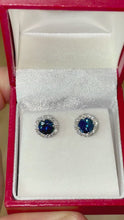Load and play video in Gallery viewer, 14K Solid White Gold Round Cut Natural Sapphire Diamond Deco Style Engagement, Wedding, Anniversary, Bridal, Halo, Stud Earrings 2.00ctw
