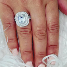 Load and play video in Gallery viewer, Large Double Halo 14k Solid White Gold Emerald Cut Moissanite and Round Cut Natural Diamond Engagement Ring And Band Bridal 6.30
