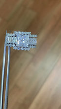 Load and play video in Gallery viewer, Heavy Huge 14k solid white gold princess, emerald baguettes and round cut moissanite engagement ring and two bands halo 4.80ctw
