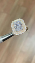 Load and play video in Gallery viewer, 14k Solid Yellow Gold Radiant Cut Forever One Moissanite And Natural Diamonds Engagement Ring Double Halo Split Shank Design 3.50ctw
