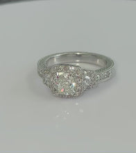 Load and play video in Gallery viewer, 14k Solid White Gold Cushion Cut Moissanite and Natural Round And Trapezoids Diamond Engagement Ring Halo 2.00ctw
