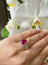 Load and play video in Gallery viewer, 14K Solid White Gold Oval Shape Natural Ruby and Round And Marquee Cut Natural Diamonds Engagement Ring Halo Prong Set 4.50ctw
