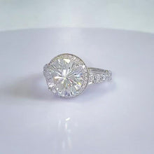 Load and play video in Gallery viewer, Huge 14K Solid Heavy White Gold Round Cut Forever One Moissanite and Natural Diamond Engagement Ring Halo Prong Filigree Antique Deco 6.30ct
