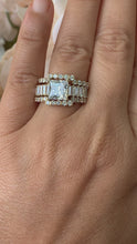 Load and play video in Gallery viewer, Heavy Huge 14k solid yellow gold princess, emerald baguettes and round cut forever one moissanite engagement ring and two bands halo 4.80ctw
