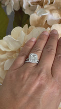 Load and play video in Gallery viewer, 14k solid white gold emerald cut forever one moissanite and round cut natural diamond engagement ring and band double halo bridal set 2.75ct
