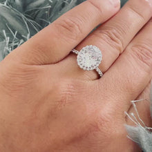 Load and play video in Gallery viewer, Large 14K Solid White Gold Oval and Round Cut Simulated Diamonds Engagement Ring Prong Set Wedding Bridal Halo 4.00ctw
