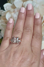 Load and play video in Gallery viewer, 14K Solid Rose Gold Cushion Cut Natural Peach Morganite and Round cut Simulated Diamonds Engagement Ring Bridal Wedding 6.50ctw
