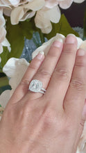Load and play video in Gallery viewer, 14K Solid White Gold Cushion Cut Simulated Diamond Engagement Ring And Band Bridal Set Wedding Set Double Halo Propose 2.00
