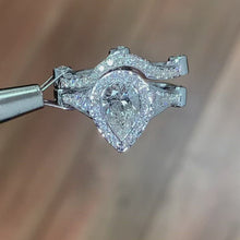 Load and play video in Gallery viewer, 14k Solid White Gold Pear And Round Cut Natural Diamond Engagement Ring And Band Halo, Bridal Set Antique Style 2.50ctw
