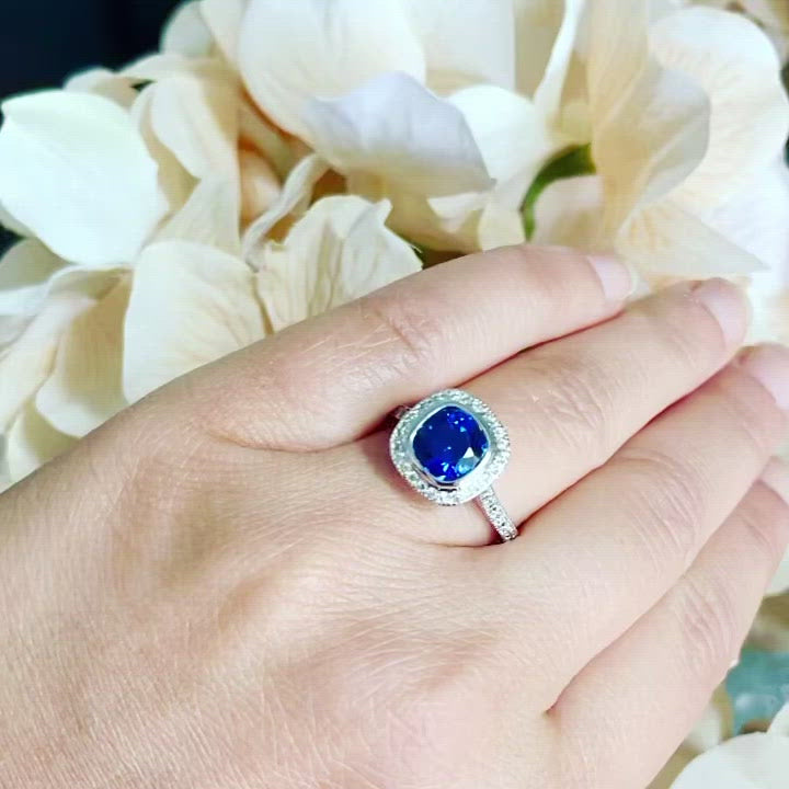 14K Solid White Gold Cushion Cut Blue Sapphire And Round Cut Simulated Diamonds Engagement Ring Wedding Anniversary 2.50ctw