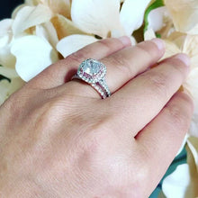 Load and play video in Gallery viewer, 14k Solid White And Rose Gold Cushion Cut Moissanite and Natural Diamond Engagement Ring And Band Double Halo 2.60ct
