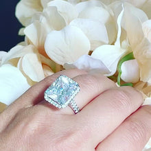 Load and play video in Gallery viewer, HUGE 10CT 14K Solid White Gold Radiant Moissanite and Natural Round Cut Diamonds Engagement Ring Halo Prong Set Wedding Bridal 10.70ct
