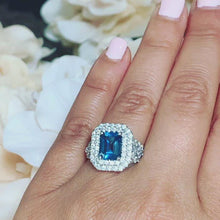 Load and play video in Gallery viewer, 14k Solid White Gold Cushion Cut Blue London Topaz and Round Cut Diamonds Engagement Ring Halo Natural Diamonds Split Shank 3.50ctw
