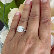 Load and play video in Gallery viewer, Elegant Women&#39;s 14k Solid White Gold Cushion Cut Moissanite and Natural Diamond Engagement Ring Bridal, Wedding Halo 2.50ctw
