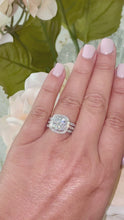 Load and play video in Gallery viewer, Stunning 14k Solid White Gold Cushion Cut Forever One Moissanite and Natural Diamond Engagement Ring And Two Bands Bezel Set Halo 4.00ctw
