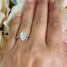 Load and play video in Gallery viewer, Filigree Halo Style 14k Rose Gold Marquise Cut Moissanite and Round Cut Natural Diamond Engagement Ring, Bridal Wedding Anniversary 1.35ctw
