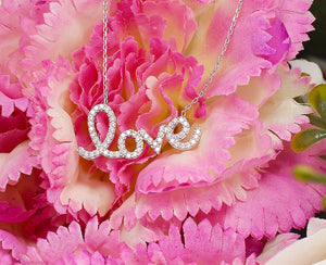 Women's 14k White Gold Love, Designer, Man Made Simulated Diamond, Necklace, Pendent, Bridal Wedding Gift, Pave Set 0.50ctw