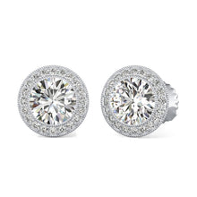 Load image into Gallery viewer, 14K White Gold Round Cut Forever One Moissanite Butterfly Milgrain Bezel Halo Earrings, Bridal, Wedding, Anniversary, Solitaire 2.30ctw
