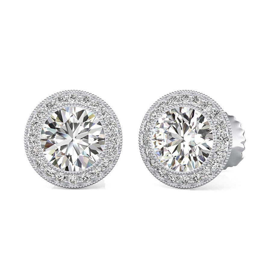 14K White Gold Round Cut Forever One Moissanite Butterfly Milgrain Bezel Halo Earrings, Bridal, Wedding, Anniversary, Solitaire 2.30ctw