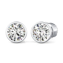 Load image into Gallery viewer, 14K White Gold Round Cut Forever One Moissanite Bezel Set Halo Earrings, Bridal, Wedding, Anniversary, Solitaire, Gift 1.00ctw

