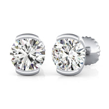 Load image into Gallery viewer, 14K White Gold Round Cut Forever One Moissanite Semi Bezel Set Halo Earrings, Bridal, Wedding, Anniversary, Solitaire, Gift 1.00ctw
