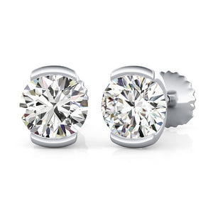14K White Gold Round Cut Forever One Moissanite Semi Bezel Set Halo Earrings, Bridal, Wedding, Anniversary, Solitaire, Gift 1.00ctw