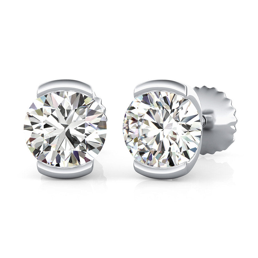 14K White Gold Round Cut Forever One Moissanite Semi Bezel Set Halo Earrings, Bridal, Wedding, Anniversary, Solitaire, Gift 1.00ctw