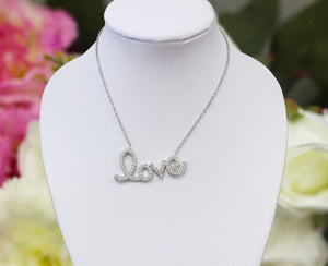 Women's 14k White Gold Love, Designer, Man Made Simulated Diamond, Necklace, Pendent, Bridal Wedding Gift, Pave Set 0.50ctw