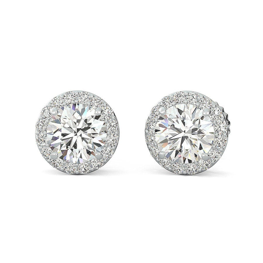 14K White Gold Round Cut Forever One Moissanite Scroll Basket Halo Earrings, Bridal, Wedding, Anniversary, Four prong set, Solitaire 1.40ctw