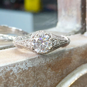 Large 2.05 Carat Round Simulated Diamond Engagement Ring Antique Deco Design Bridal Halo Wedding 14k Solid White gold