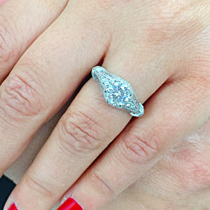 Large 2.05 Carat Round Simulated Diamond Engagement Ring Antique Deco Design Bridal Halo Wedding 14k Solid White gold