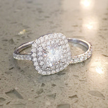 Load image into Gallery viewer, 14K Solid White Gold Cushion Cut Simulated Diamond Engagement Ring And Band Bridal Set Wedding Set Double Halo 1.85ct by ASW
