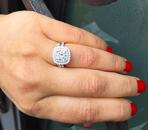 14K White Gold Cushion Cut Forever One Moissanite and Diamond Engagement Ring And Band Bridal Wedding Set Double Halo Natural Diamonds 2.05