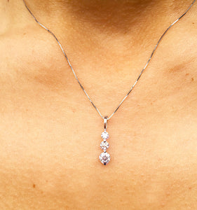 14k white gold round cut natural diamond prong set necklace pendent and chain bridal wedding anniversary gift three stone style 0.60ctw