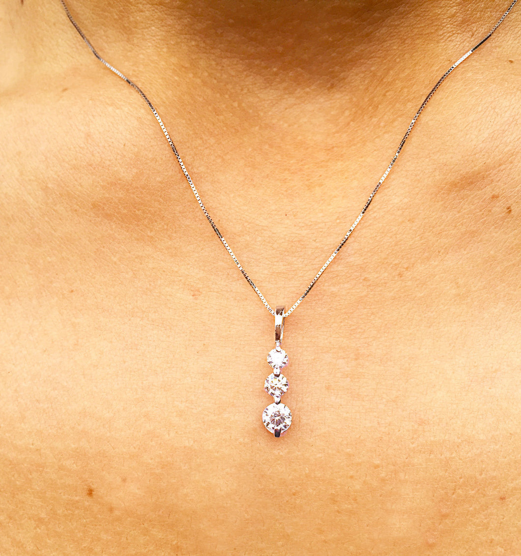 14k white gold round cut natural diamond prong set necklace pendent and chain bridal wedding anniversary gift three stone style 0.60ctw