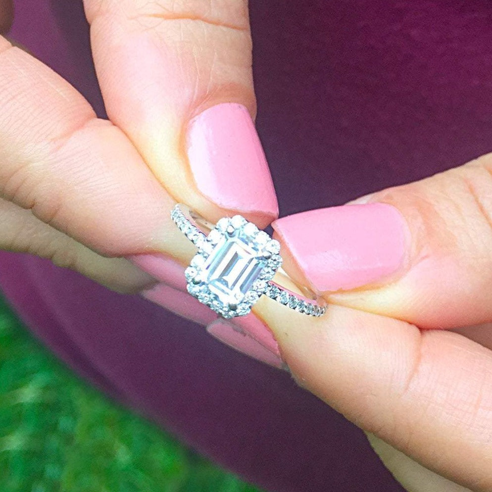 14k white gold emerald cut forever one moissanite and diamond engagement ring halo prong set bridal wedding 2.00ct