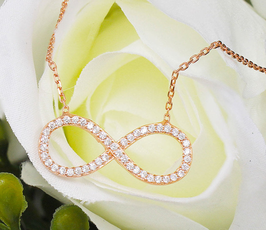 Women's Infinity Sign Set 14k Rose Gold Round Cut Simulated Diamonds Necklace pendent and chain wedding gift anniversary 0.50ctw