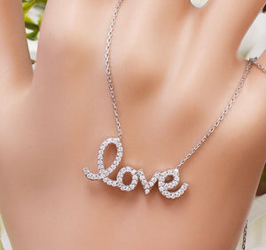 Women's 14k White Gold Love, Designer, Man Made Simulated Diamond, Necklace, Pendent, Bridal Wedding Gift, Pave Set 0.50ctw