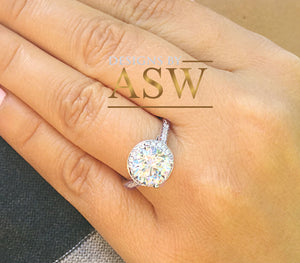 Large Women's 14K Solid White Gold Round Cut Forever One Moissanite and Natural Diamond Engagement Ring Halo Prong 3.50ct