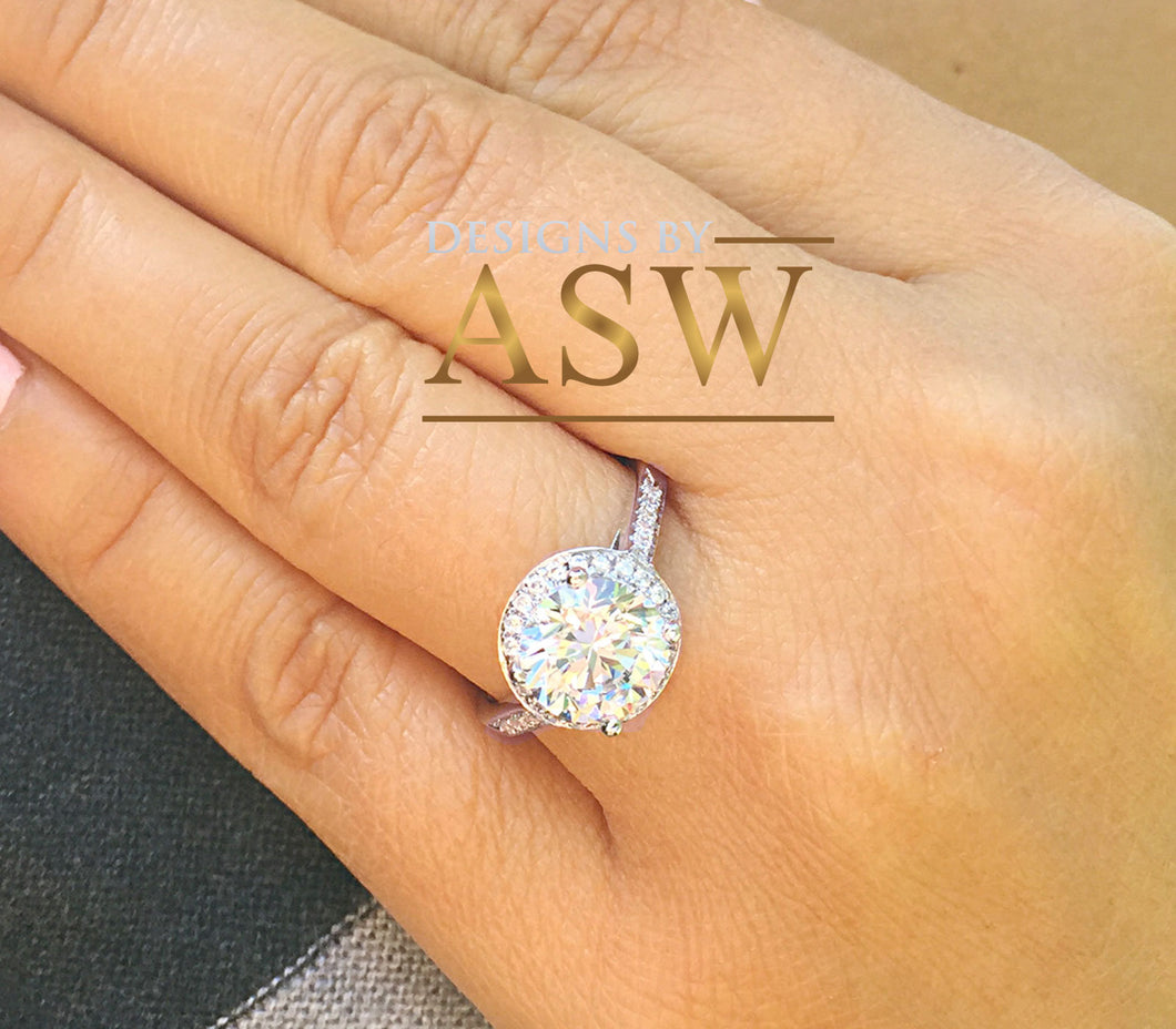Large Women's 14K Solid White Gold Round Cut Forever One Moissanite and Natural Diamond Engagement Ring Halo Prong 3.50ct