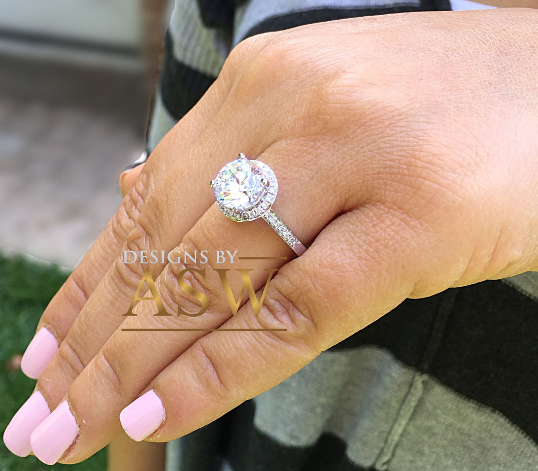 Large Women's 14K Solid White Gold Round Cut Moissanite and Natural Diamond Engagement Ring Halo Prong 3.50ct