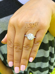 Large Women's 14K Solid White Gold Round Cut Moissanite and Natural Diamond Engagement Ring Halo Prong 3.50ct