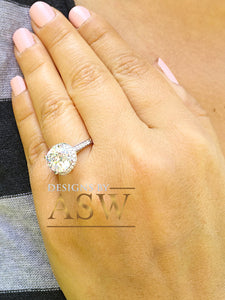 Large Women's 14K Solid White Gold Round Cut Forever One Moissanite and Natural Diamond Engagement Ring Halo Prong 3.50ct